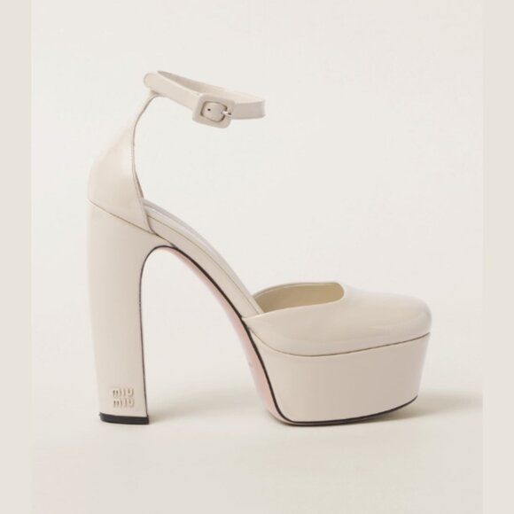 NWT Miu Miu Platform Pumps Beige Patent Leather Ankle Strap Block High Heels 40 - Picture 2 of 8